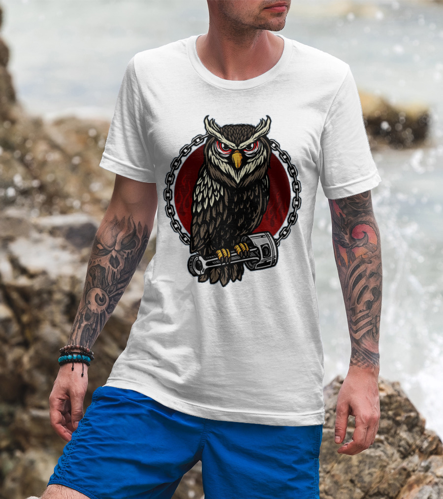 Owl And Piston Motorbike Enthusiast Chain Flame Background T-Shirt