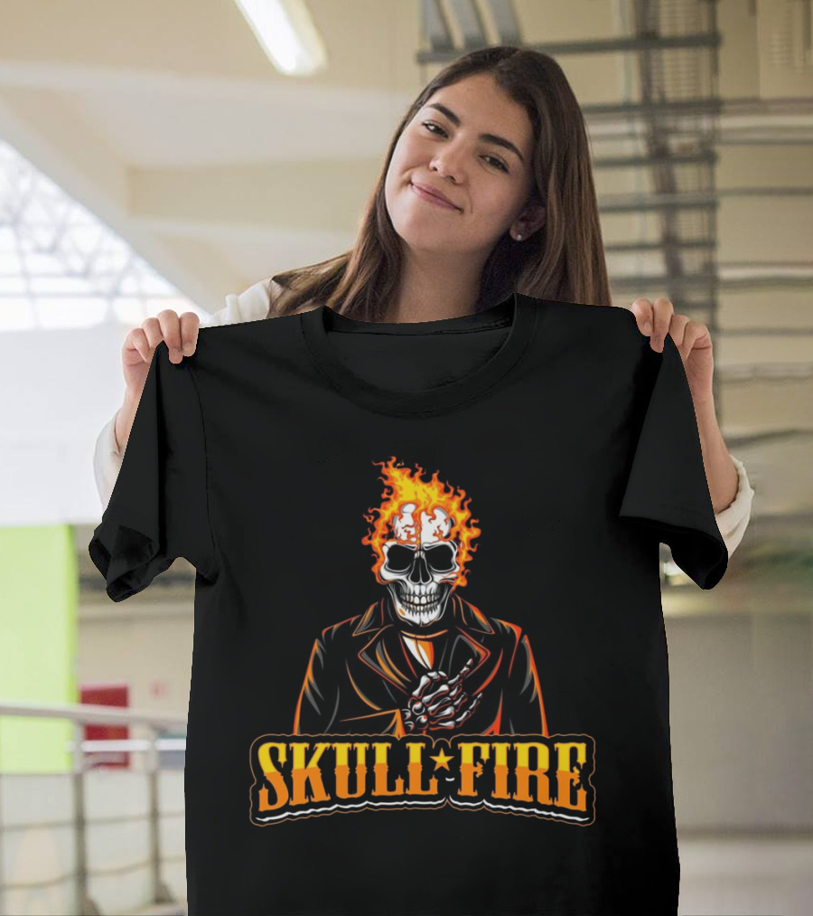 Skull Fire Flaming Skeleton In Dark Suit T-Shirt