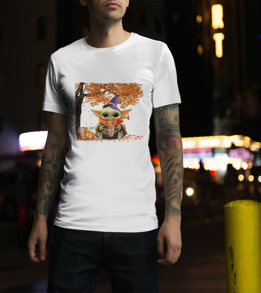 Baby Yoda Autumn Magic Coffee Hug Halloween Wizard Hat Scarf Pumpkin Leaves T-Shirt