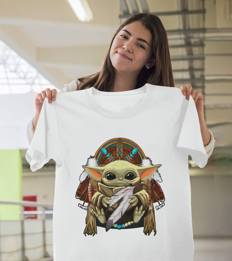 Baby Yoda Native American Headdress Feathers and Beads T-Shirt