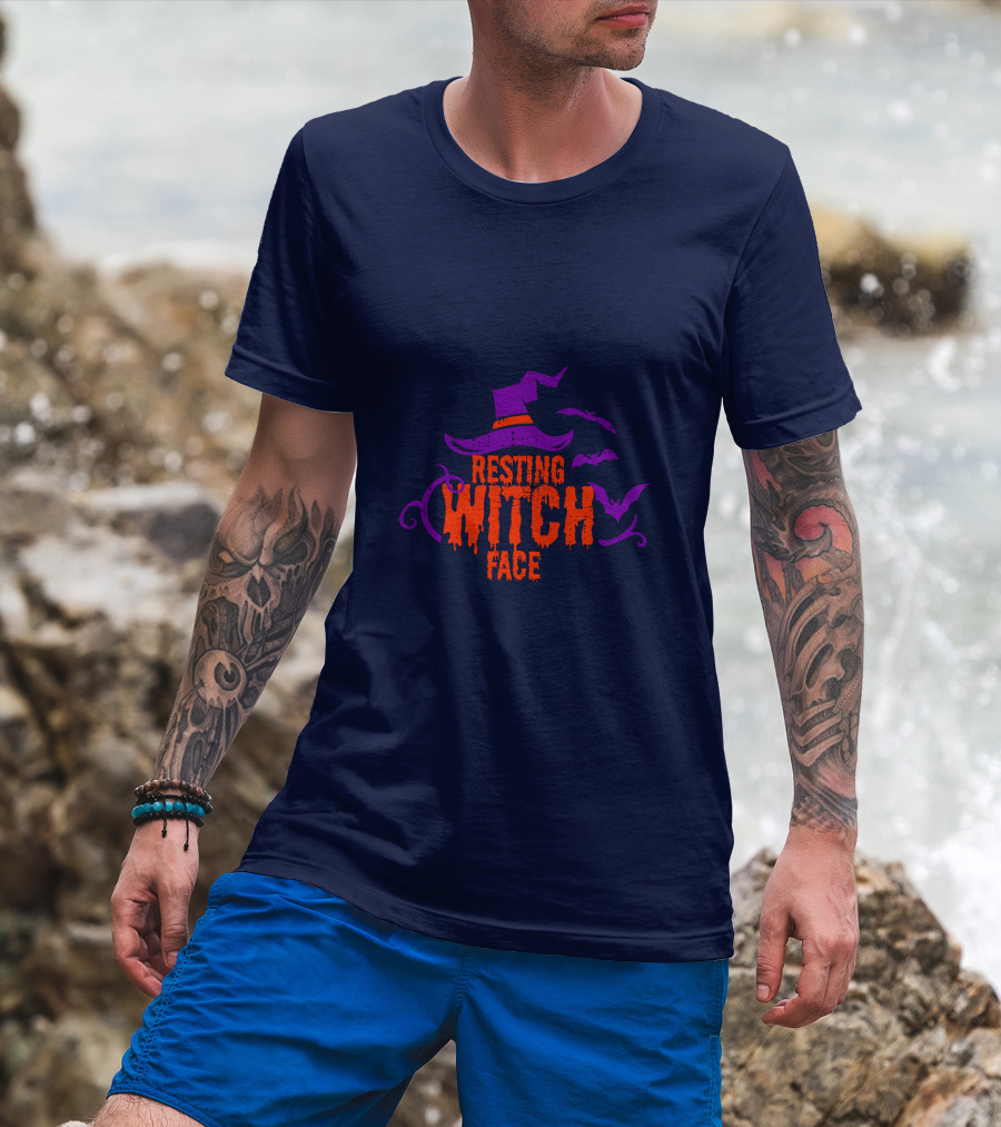 Resting Witch Face Witch Hat Bats Halloween T-Shirt