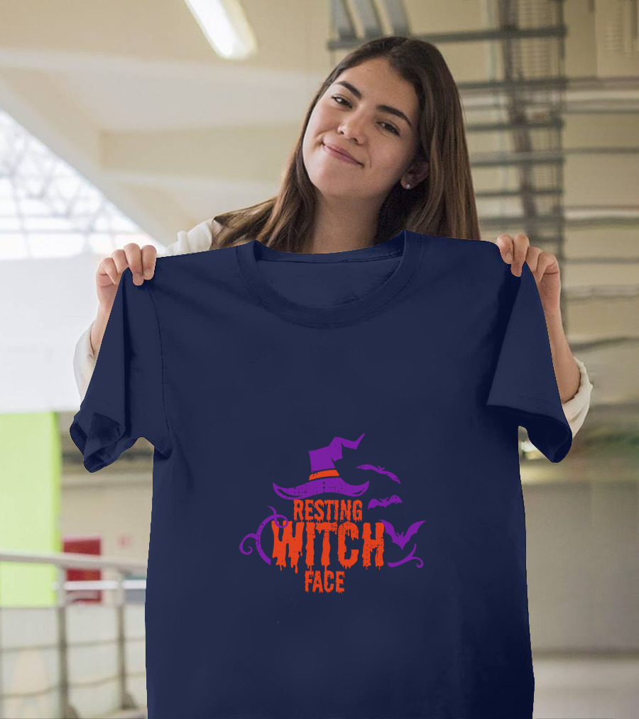 Resting Witch Face Witch Hat Bats Halloween T-Shirt