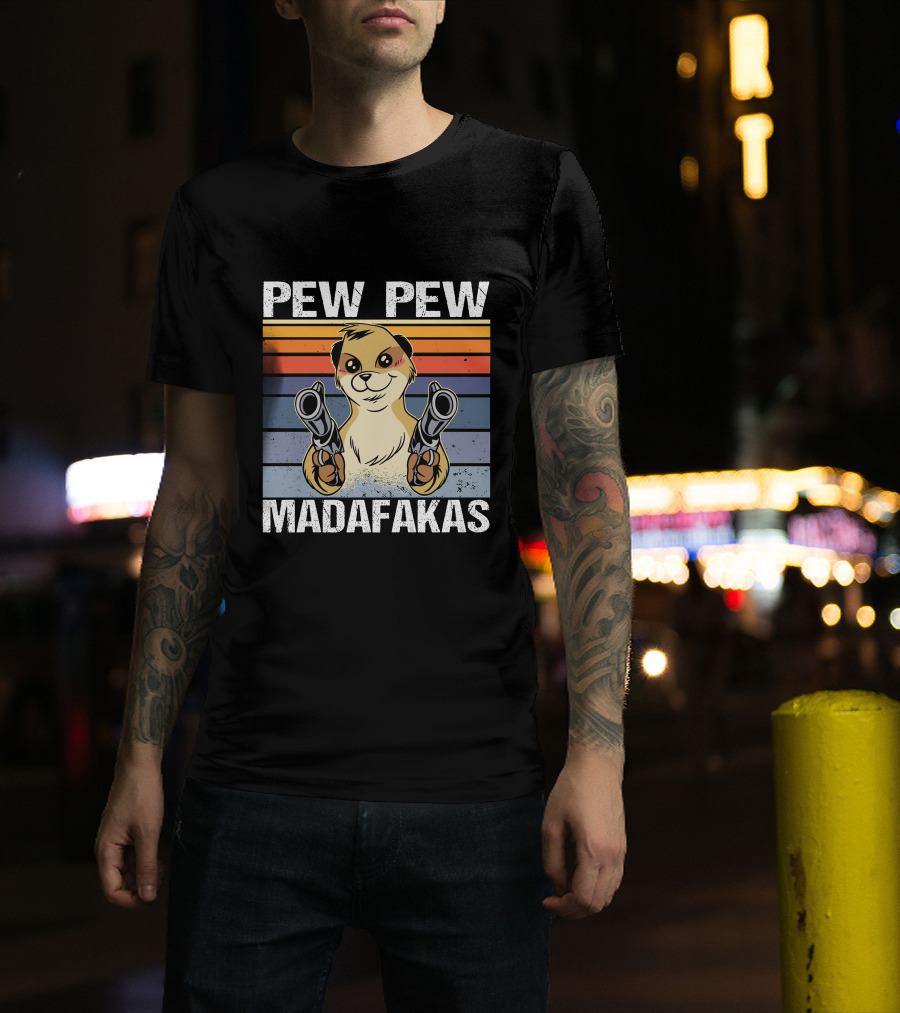 Pew Pew Madafakas Meerkat Retro Stripes Guns T-Shirt