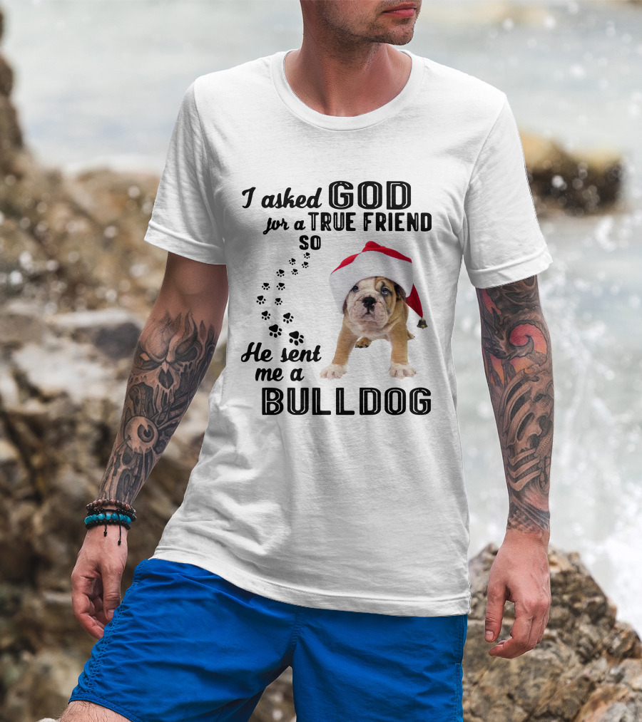I Asked God For A True Friend So He Sent Me A Christmas Bulldog T-Shirt