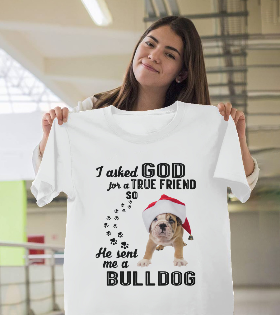 I Asked God For A True Friend So He Sent Me A Christmas Bulldog T-Shirt