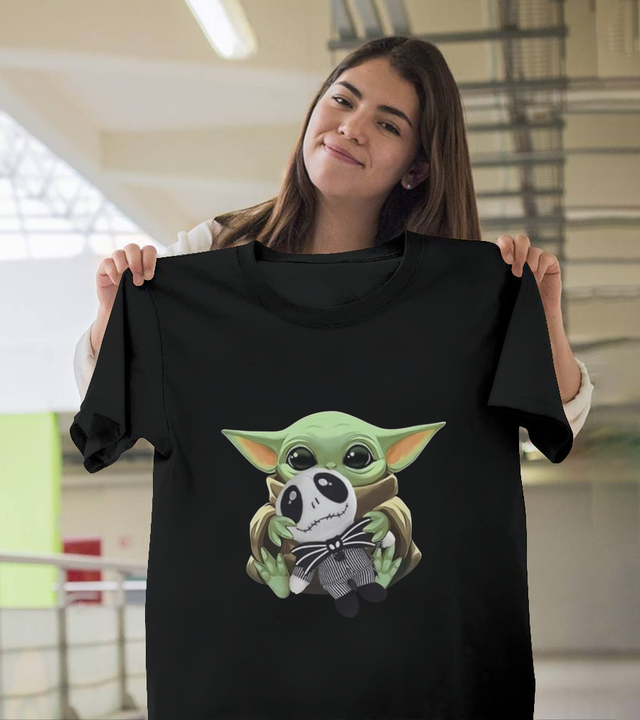 Baby Yoda Holding Jack Skellington Plush Crossover T-Shirt