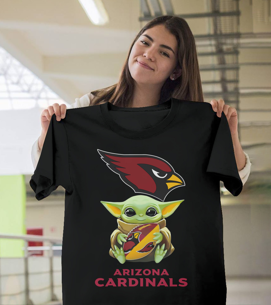 Baby Yoda Hugging Arizona Cardinals Logo Football With Team Emblem T-Shirt