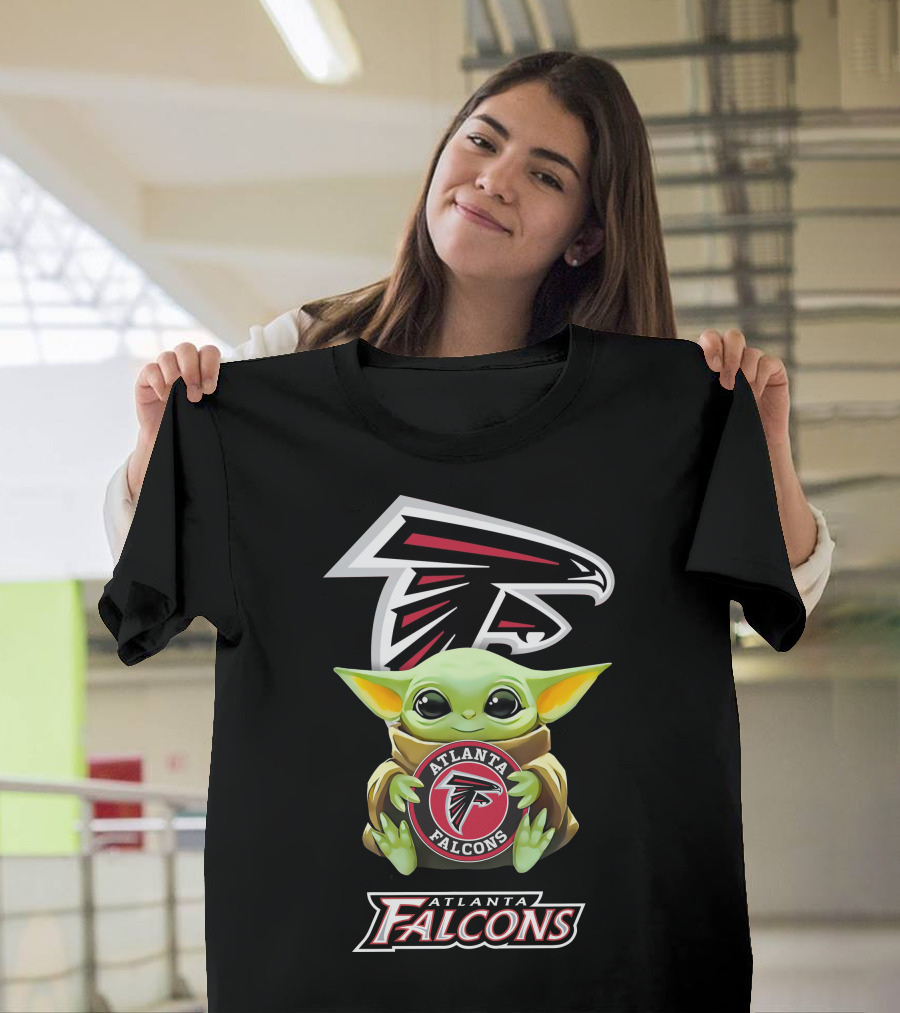 Baby Yoda Holding Atlanta Falcons Emblem Logo Fan T-Shirt