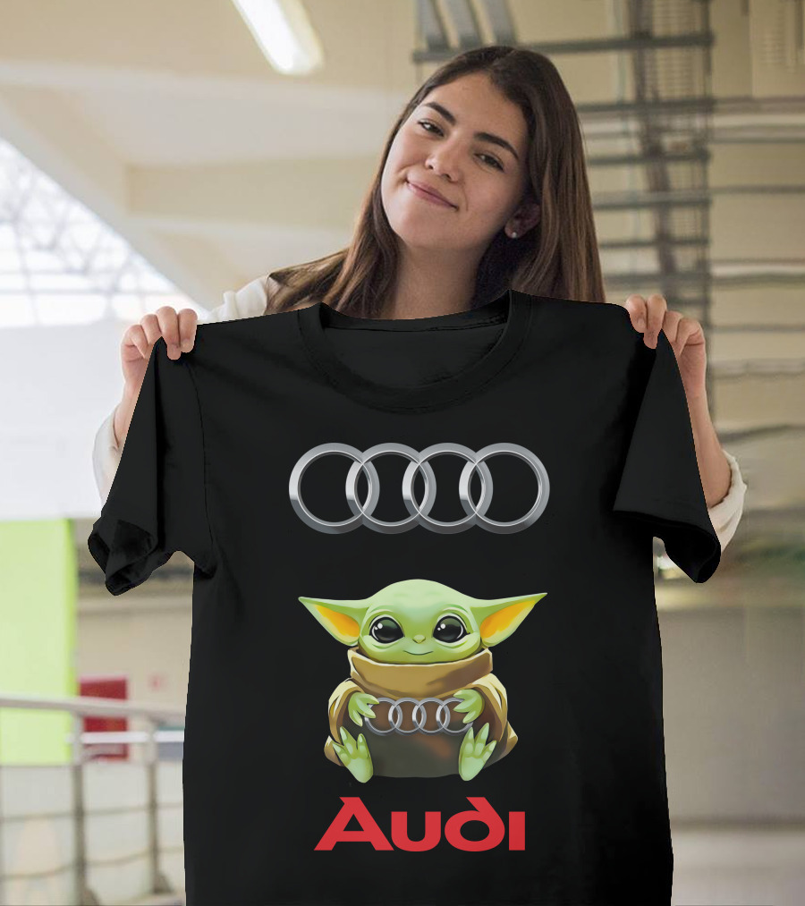 Baby Yoda Holding Audi Logo Under Audi Rings T-Shirt