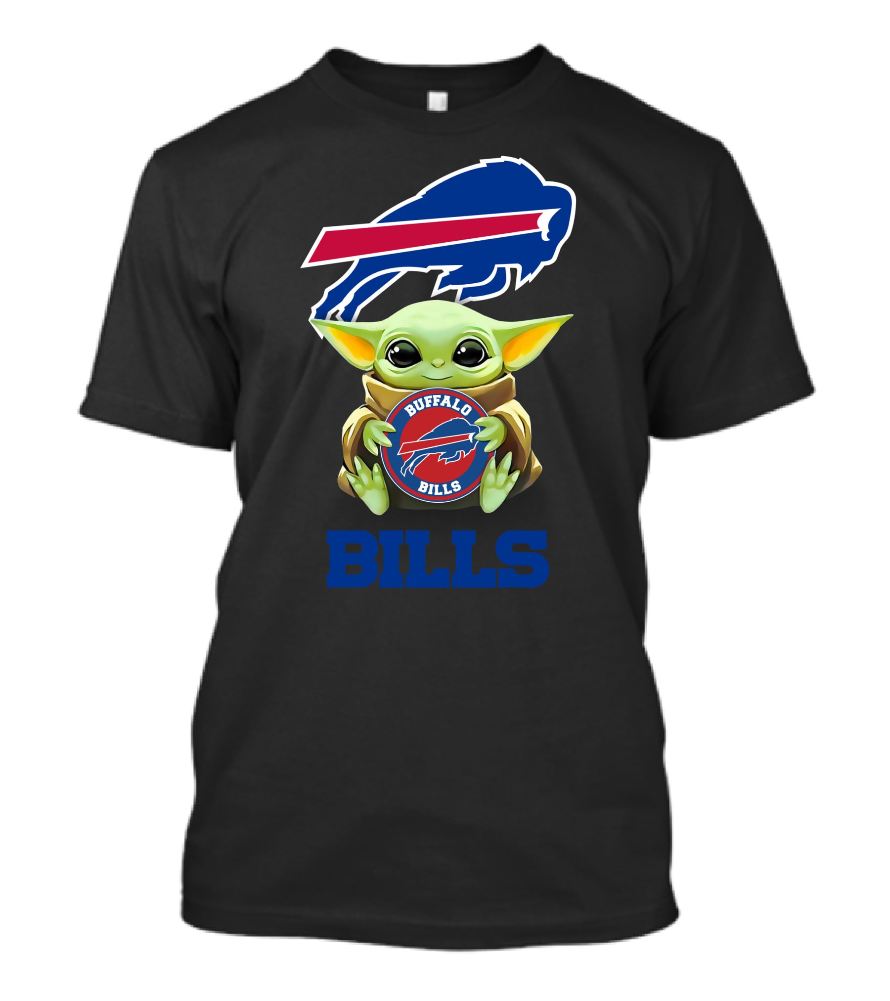 Baby Yoda Holding Buffalo Bills NFL Team Emblem With Blue Bills Text T-Shirt