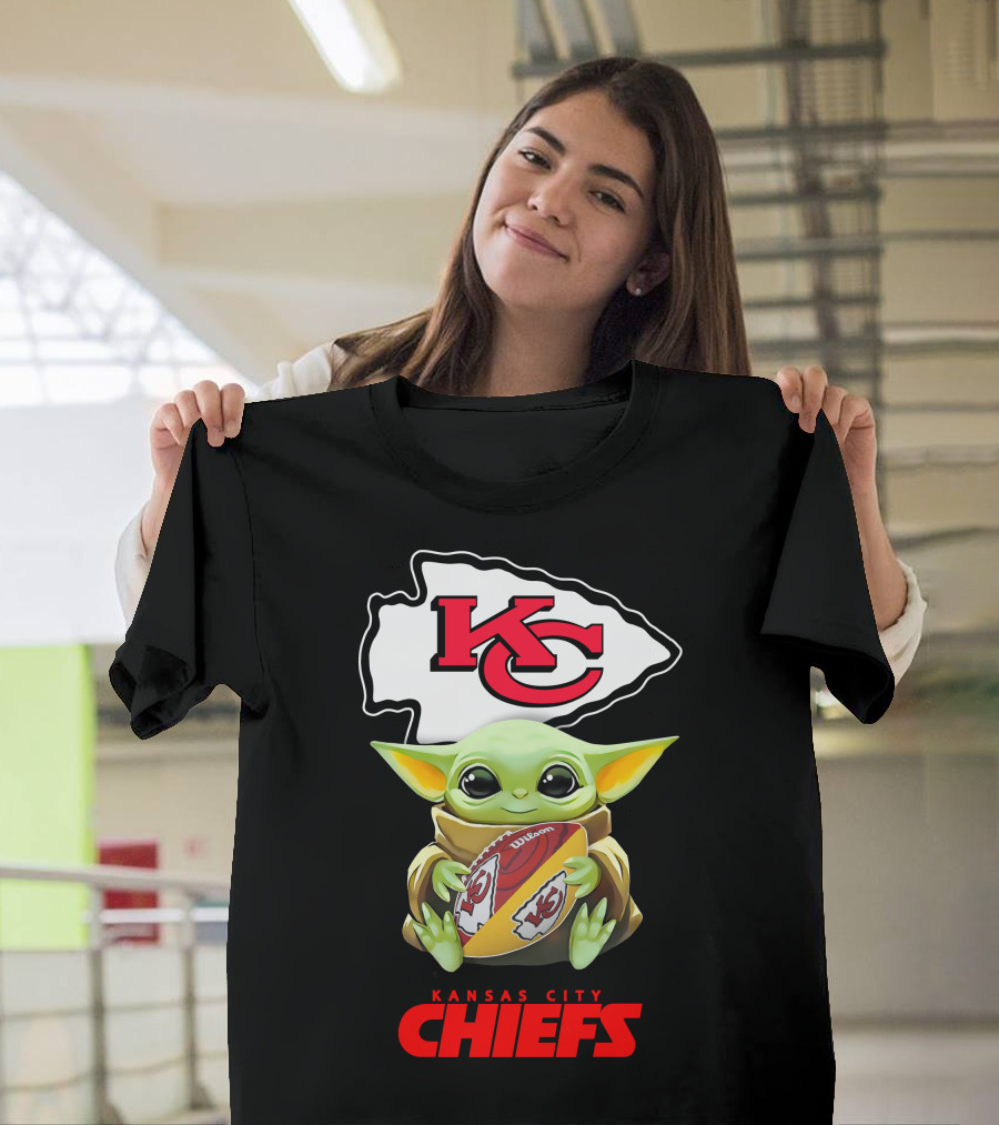 Baby Yoda Holding Kansas City Chiefs Football T-Shirt