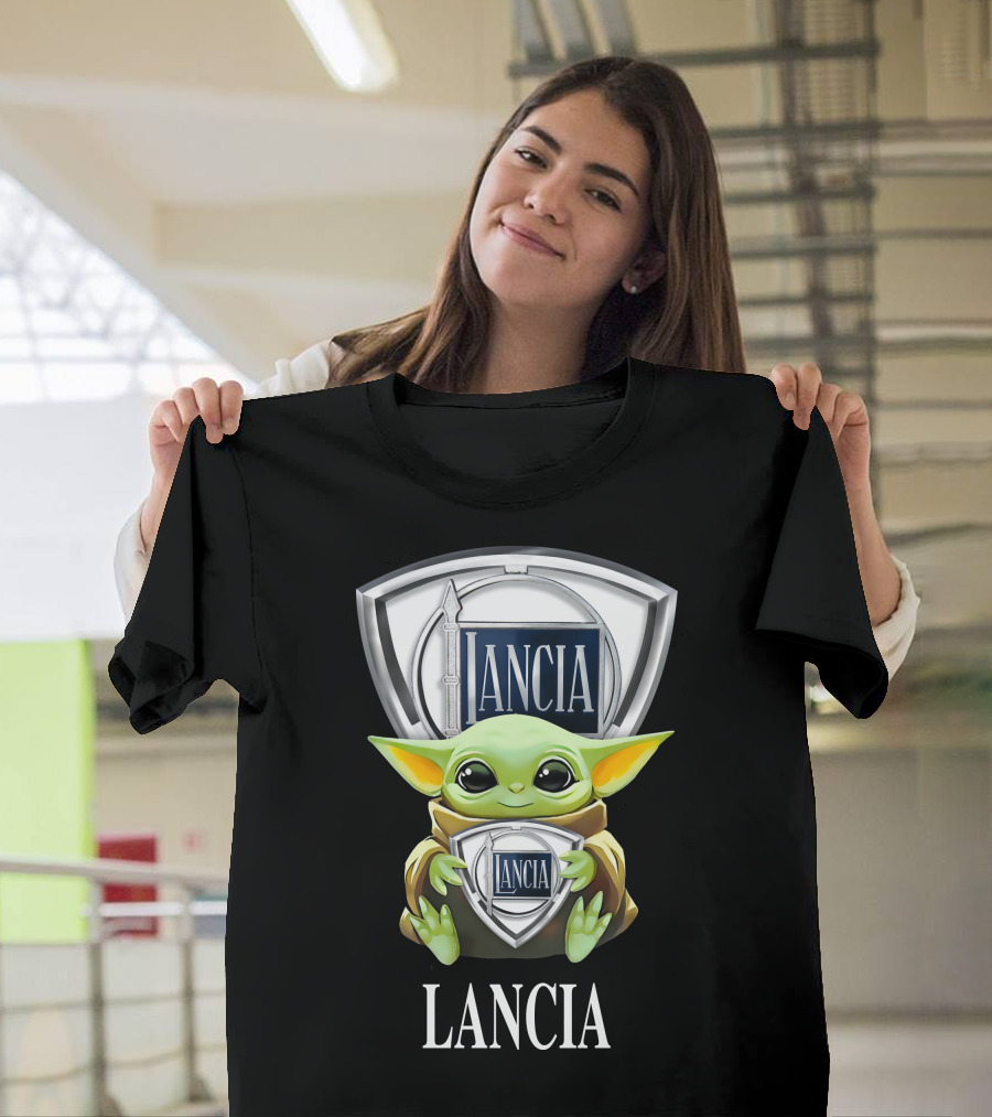 Baby Yoda Holding Lancia Logo With Lancia Text T-Shirt