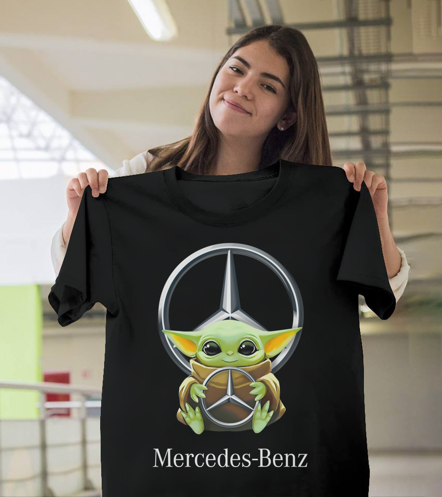 Baby Yoda Cuddles Mercedes-Benz Logo Black T-Shirt