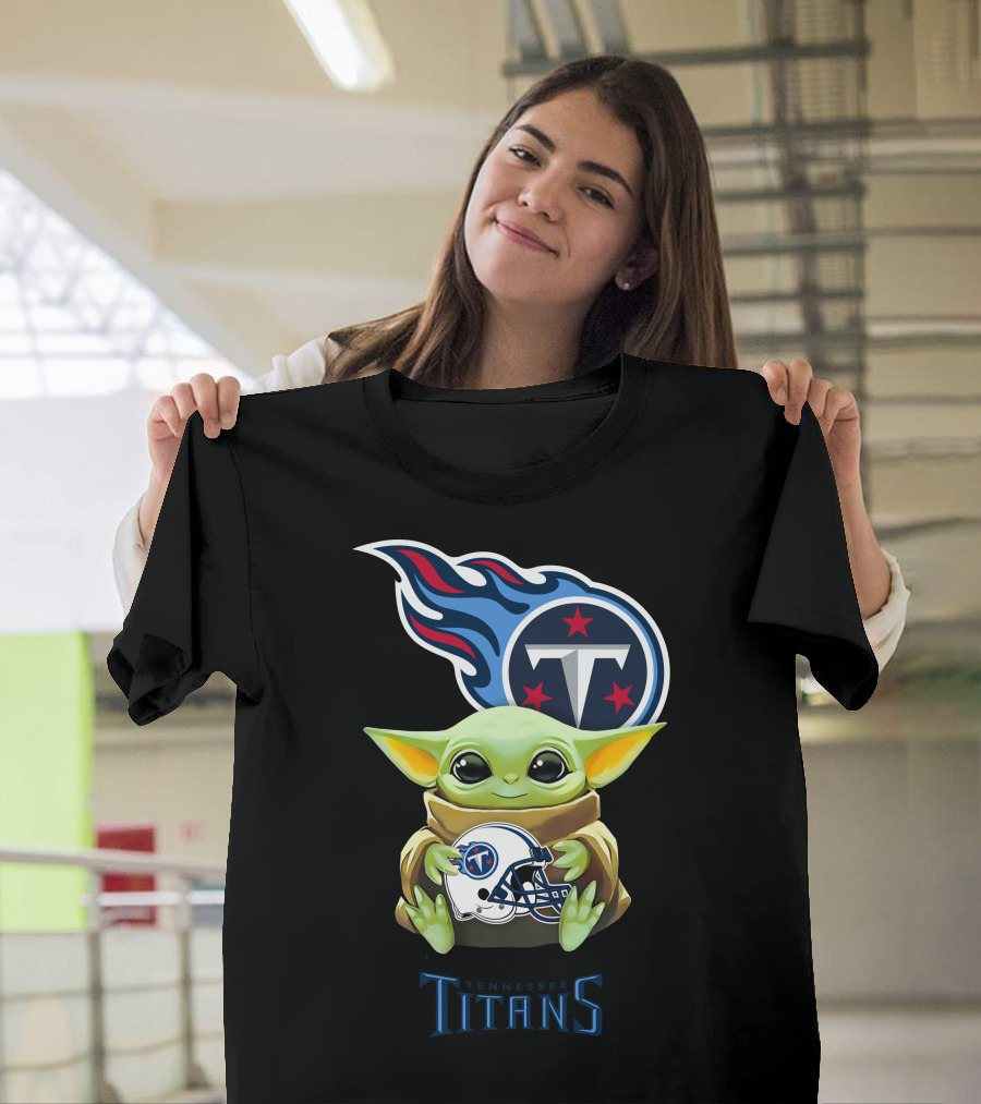 Baby Yoda Holding Tennessee Titans Helmet With Team T-Shirt