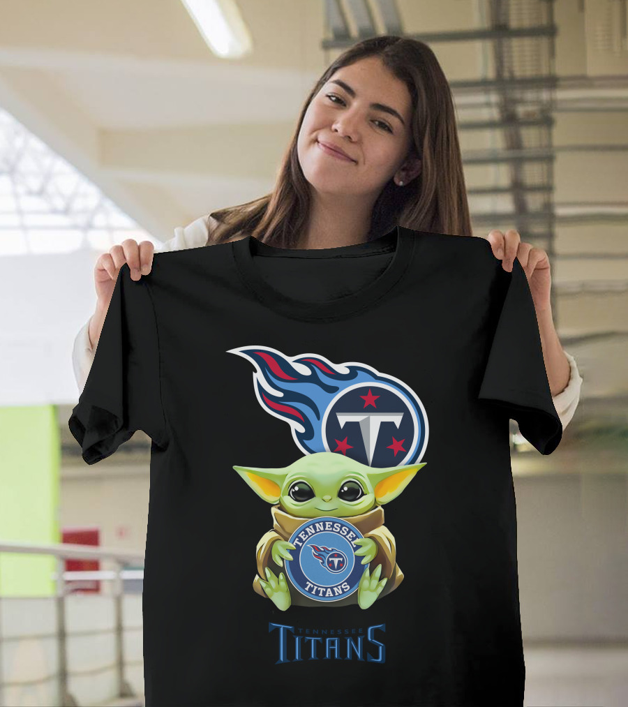 Baby Yoda Holding Tennessee Titans Emblem with Team Logo Background T-Shirt