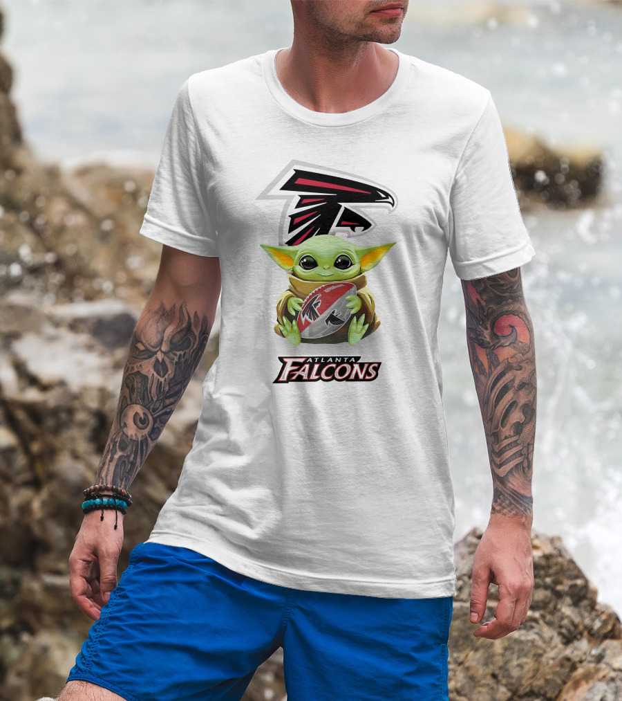 Baby Yoda Atlanta Falcons Hugging Football Nfl Tailgate White T-Shirt