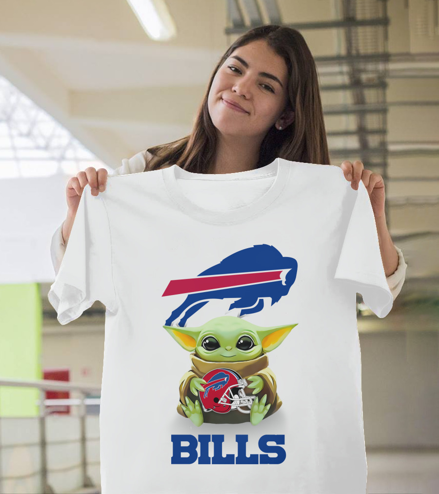 Baby Yoda Holding Buffalo Bills Helmet Logo With Bills T-Shirt
