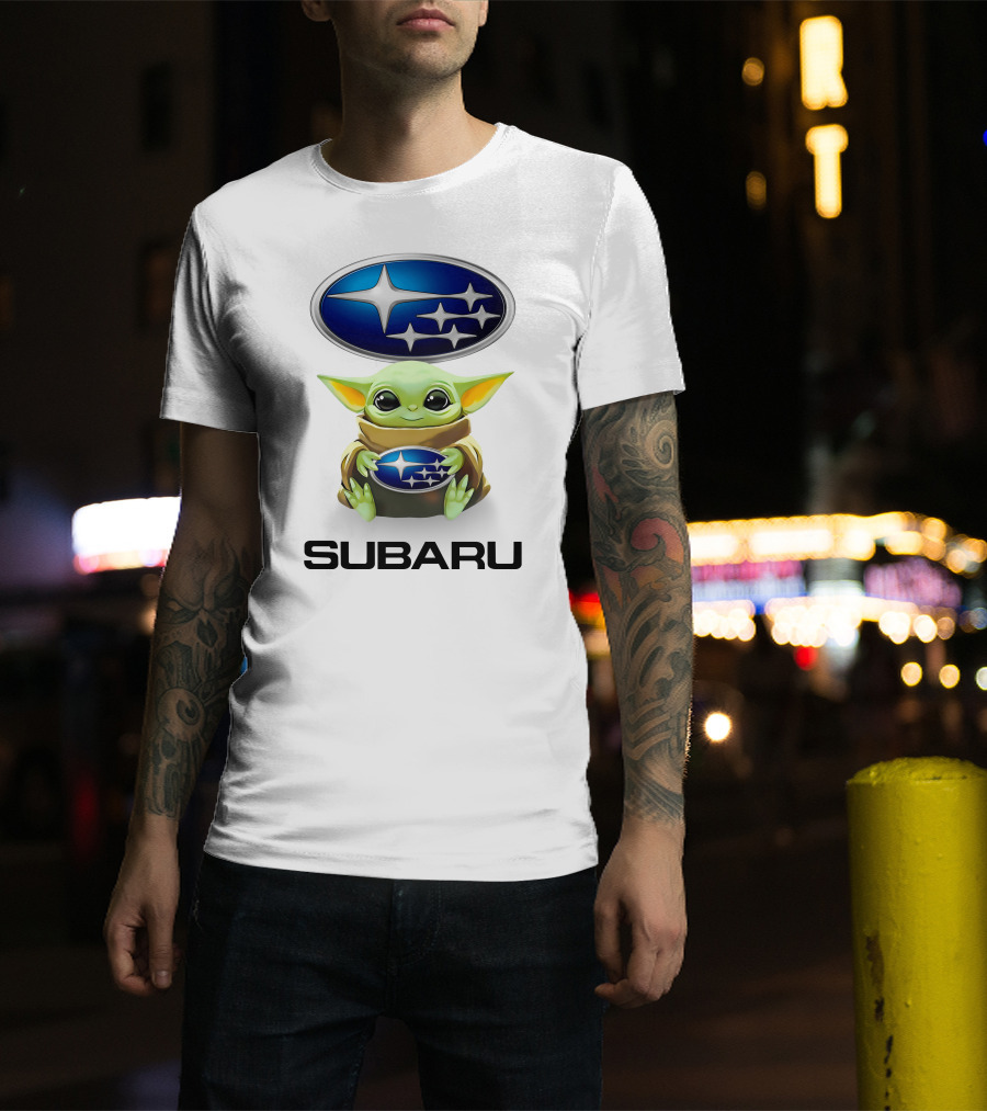 Baby Yoda Subaru Logo Hug White T-Shirt