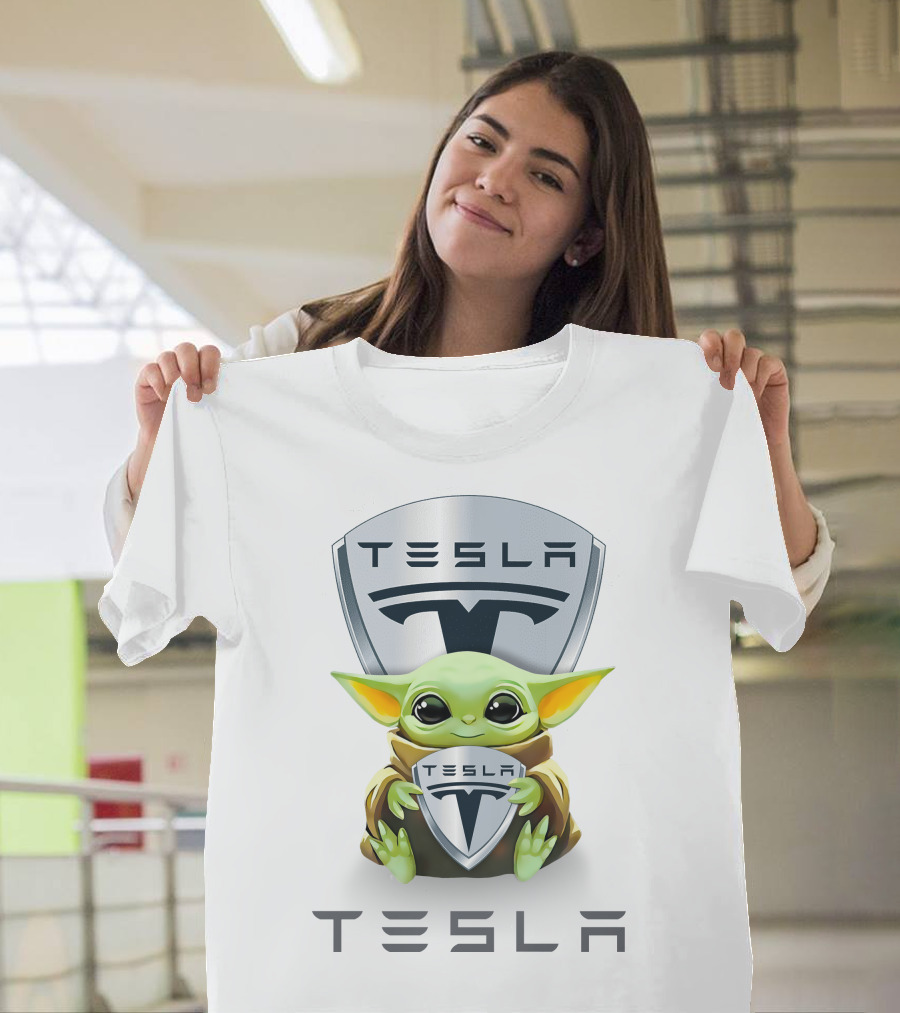 Baby Yoda Holding Tesla Shield With Tesla T-Shirt