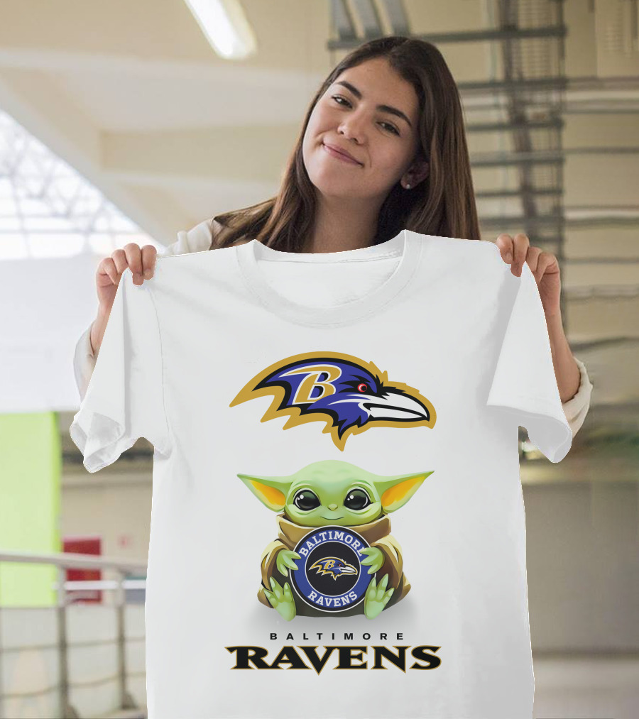 Baby Yoda Holding Baltimore Ravens NFL Logo in Star Wars Crossover T-Shirt