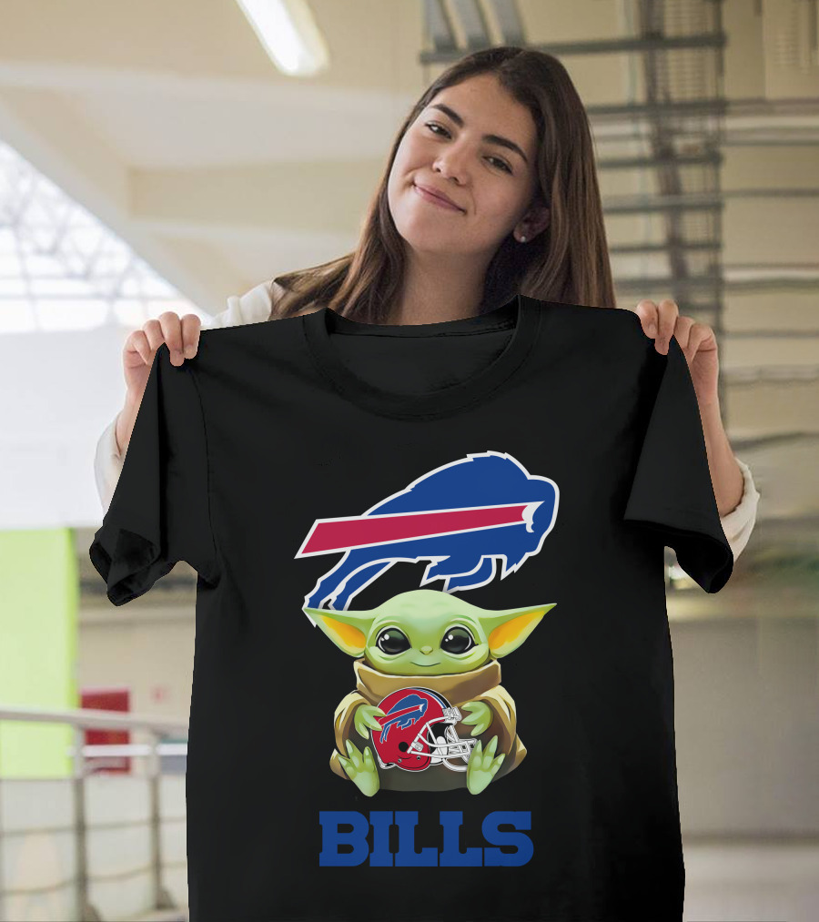 Star Wars Baby Yoda Holding Buffalo Bills Helmet Under Team T-Shirt