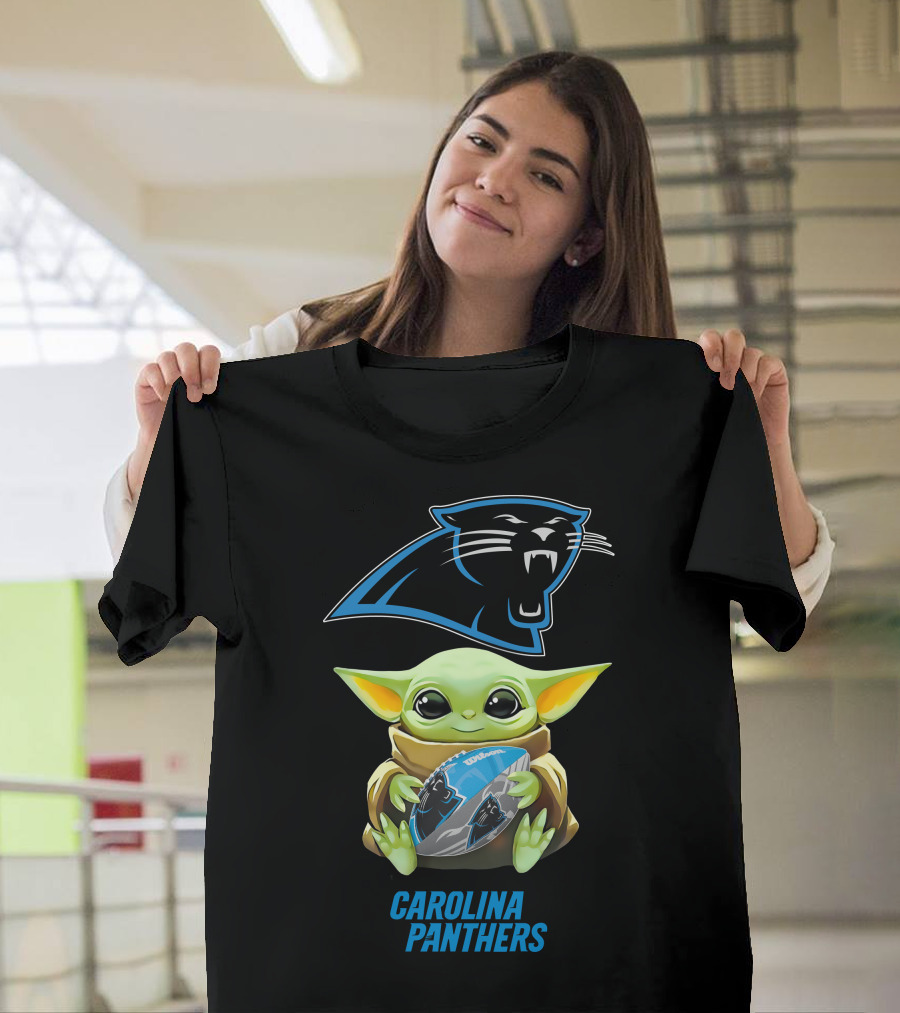 Baby Yoda Hugging Carolina Panthers Football Star Wars T-Shirt