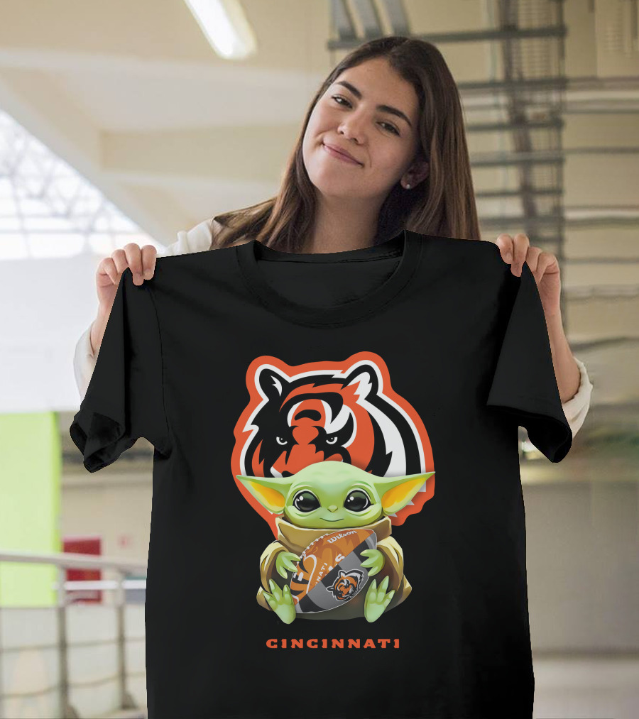 Star Wars Baby Yoda Hugging Cincinnati Bengals Logo Football T-Shirt
