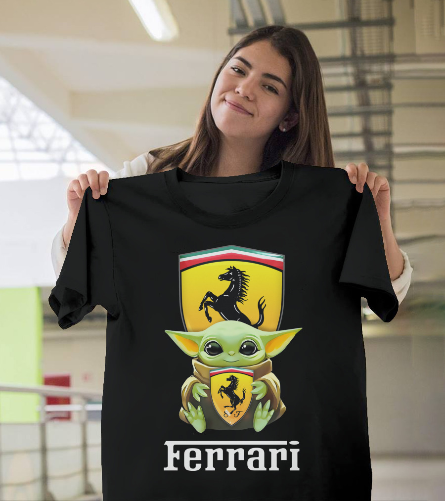 Star Wars Baby Yoda Holding Ferrari Logo Black T-Shirt