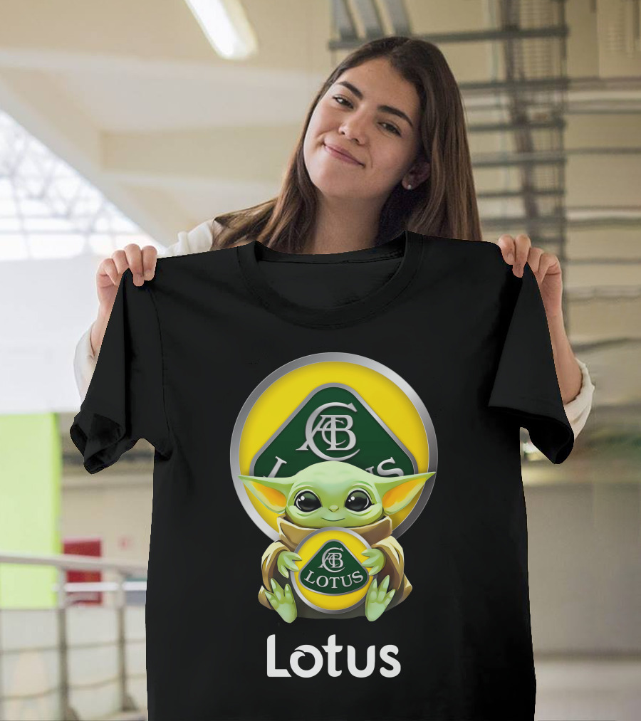 Star Wars Baby Yoda Hugging Lotus Car Logo On Black T-Shirt