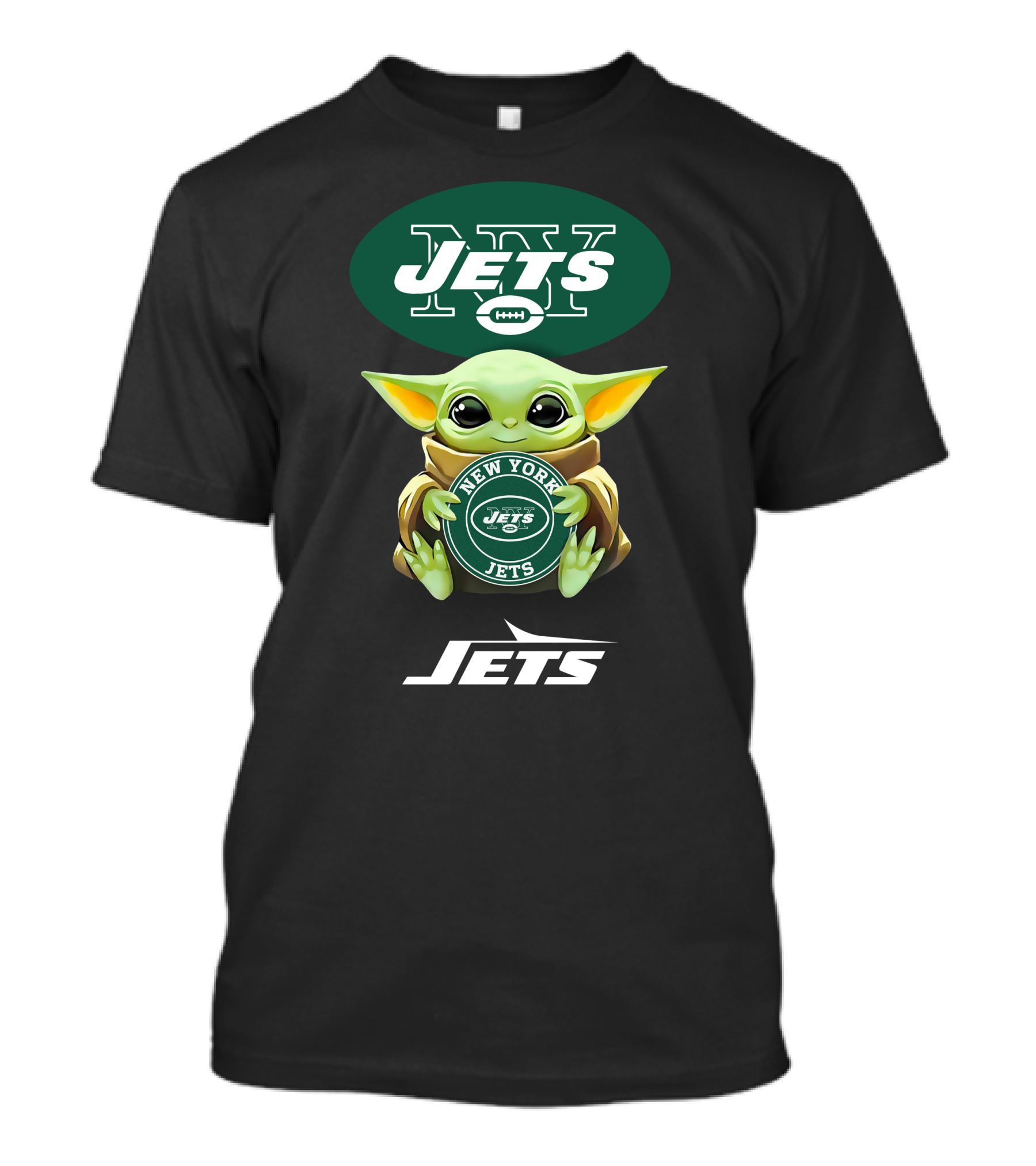 Star Wars Baby Yoda Holding New York Jets Football Logo With NY Jets Text T-Shirt
