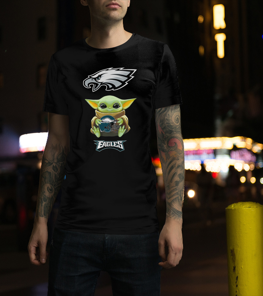 Star Wars Baby Yoda Holding Philadelphia Eagles Football Helmet T-Shirt