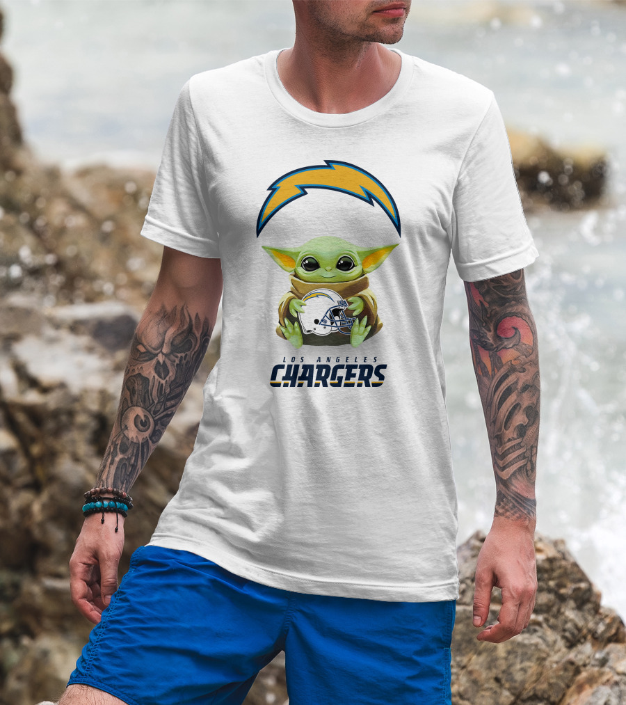 Los Angeles Chargers Star Wars Baby Yoda Hugging Helmet T-Shirt