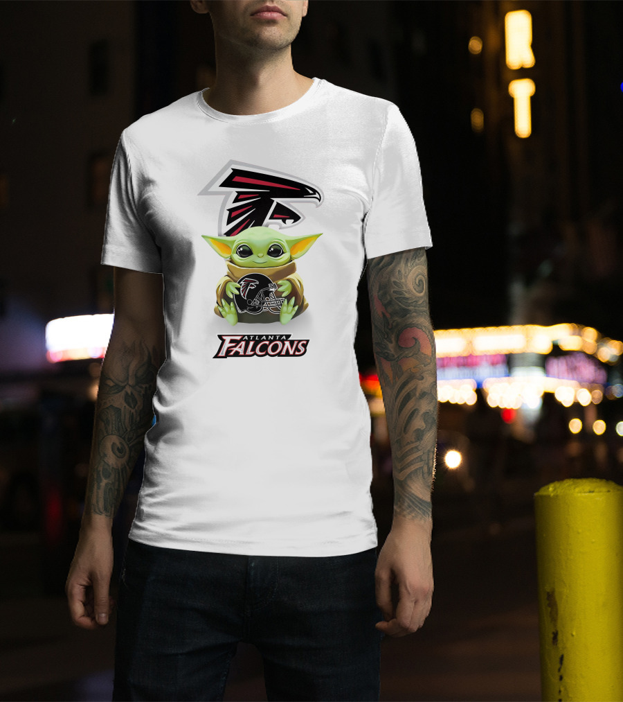 Baby Yoda Holding Atlanta Falcons Helmet With Large T-Shirt
