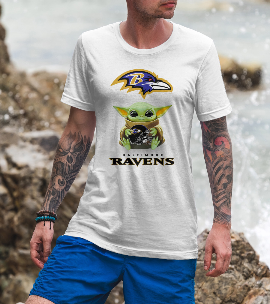 Baby Yoda Holding Baltimore Ravens Helmet With Ravens T-Shirt
