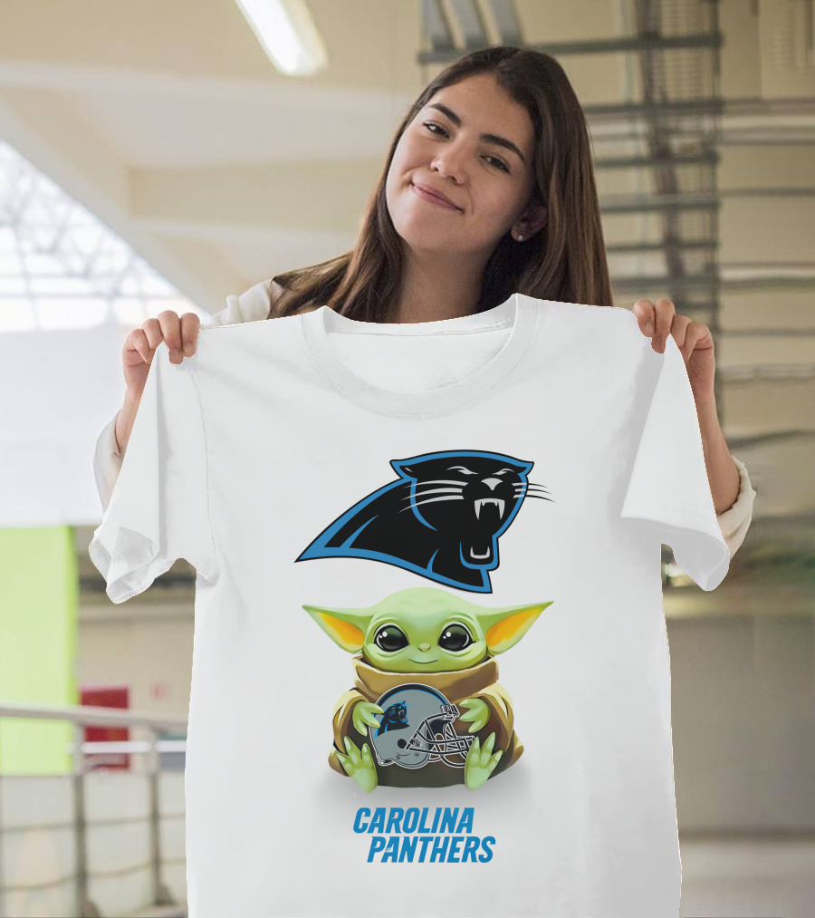 Baby Yoda Holding Carolina Panthers Helmet T-Shirt