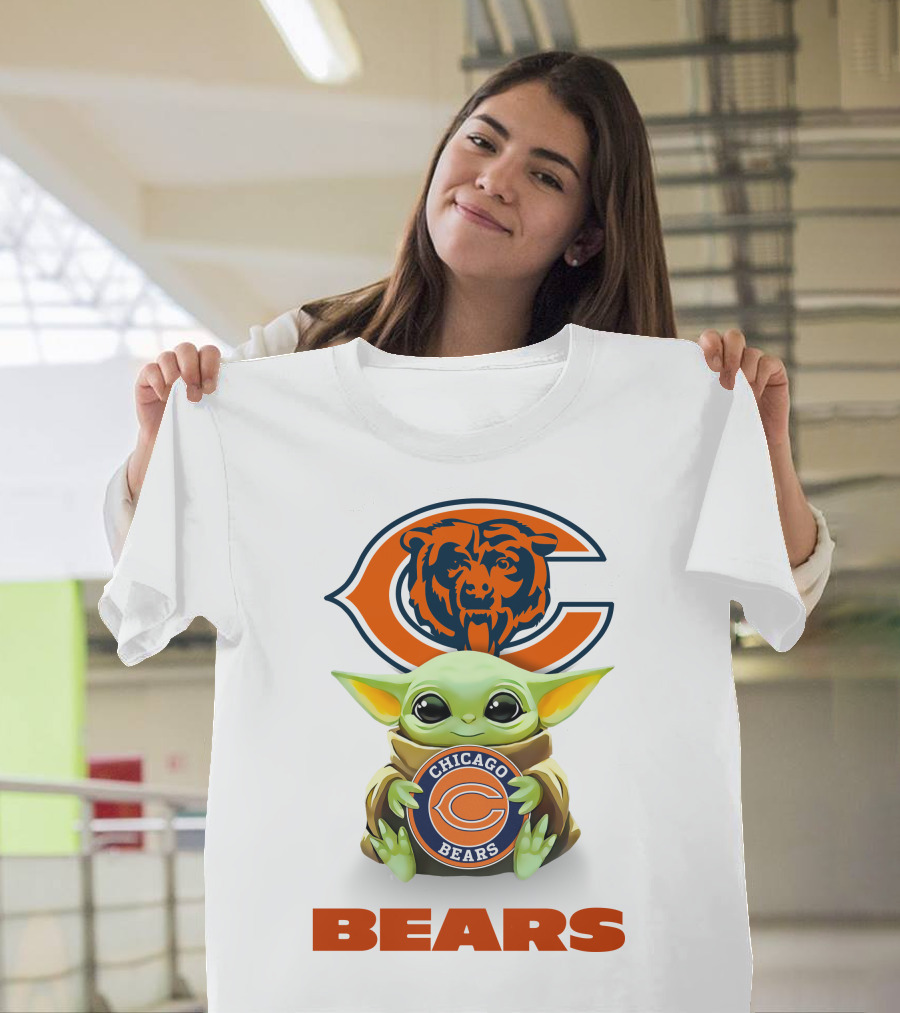 Baby Yoda Holding Chicago Bears Logo With Bears Text T-Shirt