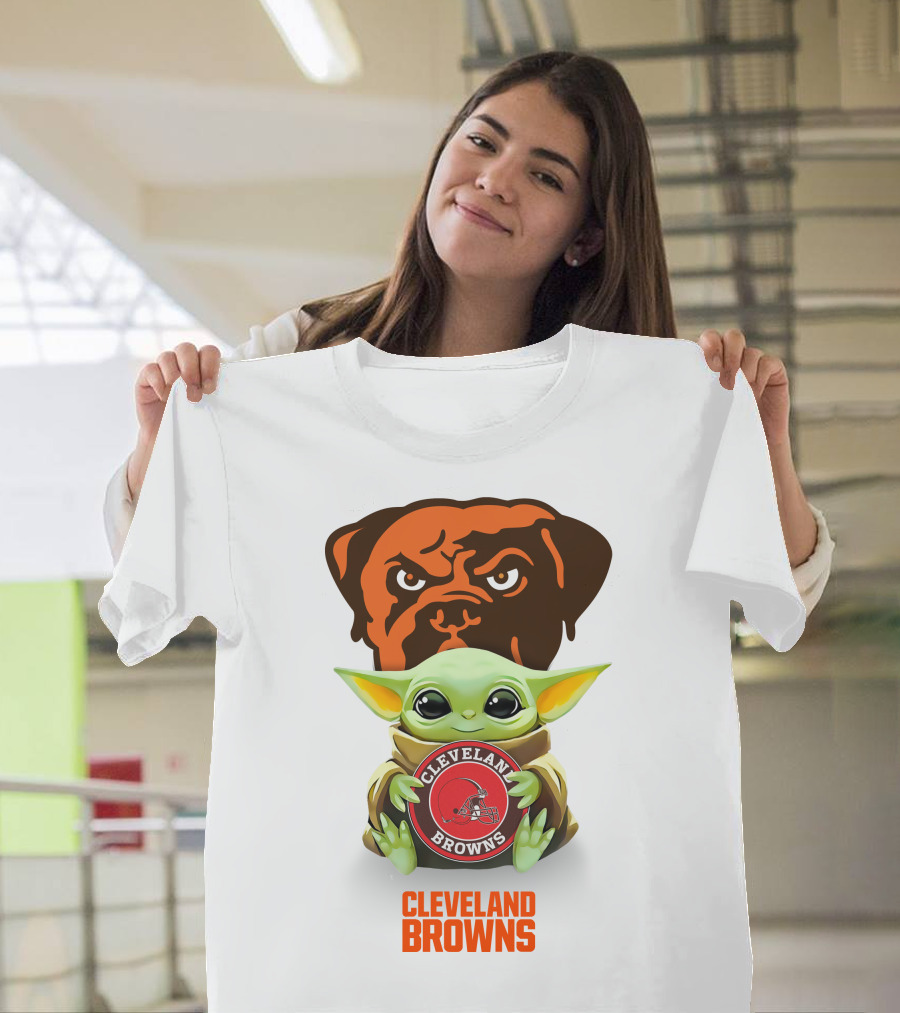 Baby Yoda Embraces Cleveland Browns Spirit With Helmet Logo And Dawg Pound Mascot T-Shirt