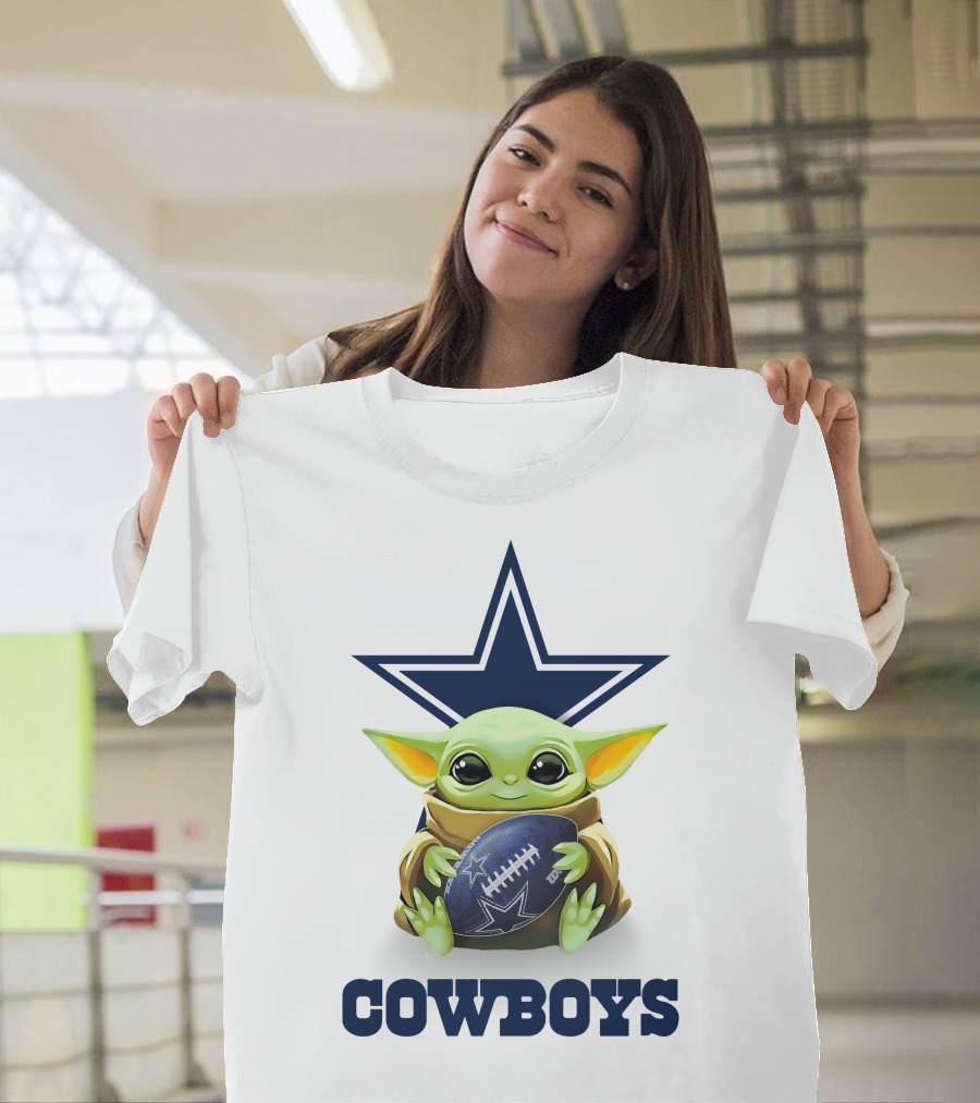 Cowboys Baby Yoda Hugging Dallas Football Star Logo White Background T-Shirt