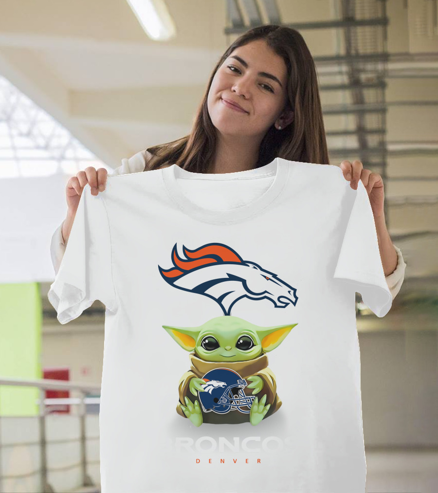 Baby Yoda Holding Denver Broncos Helmet With Broncos T-Shirt
