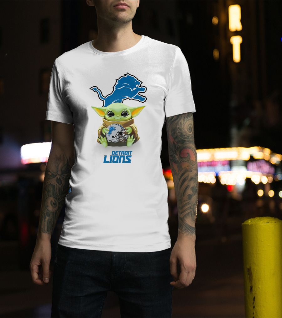 Baby Yoda With Detroit Lions Logo And Helmet Featuring Blue Lion T-Shirt