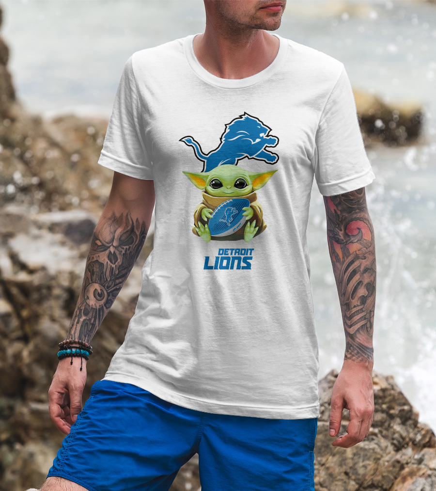 Baby Yoda Hugging Detroit Lions Football T-Shirt