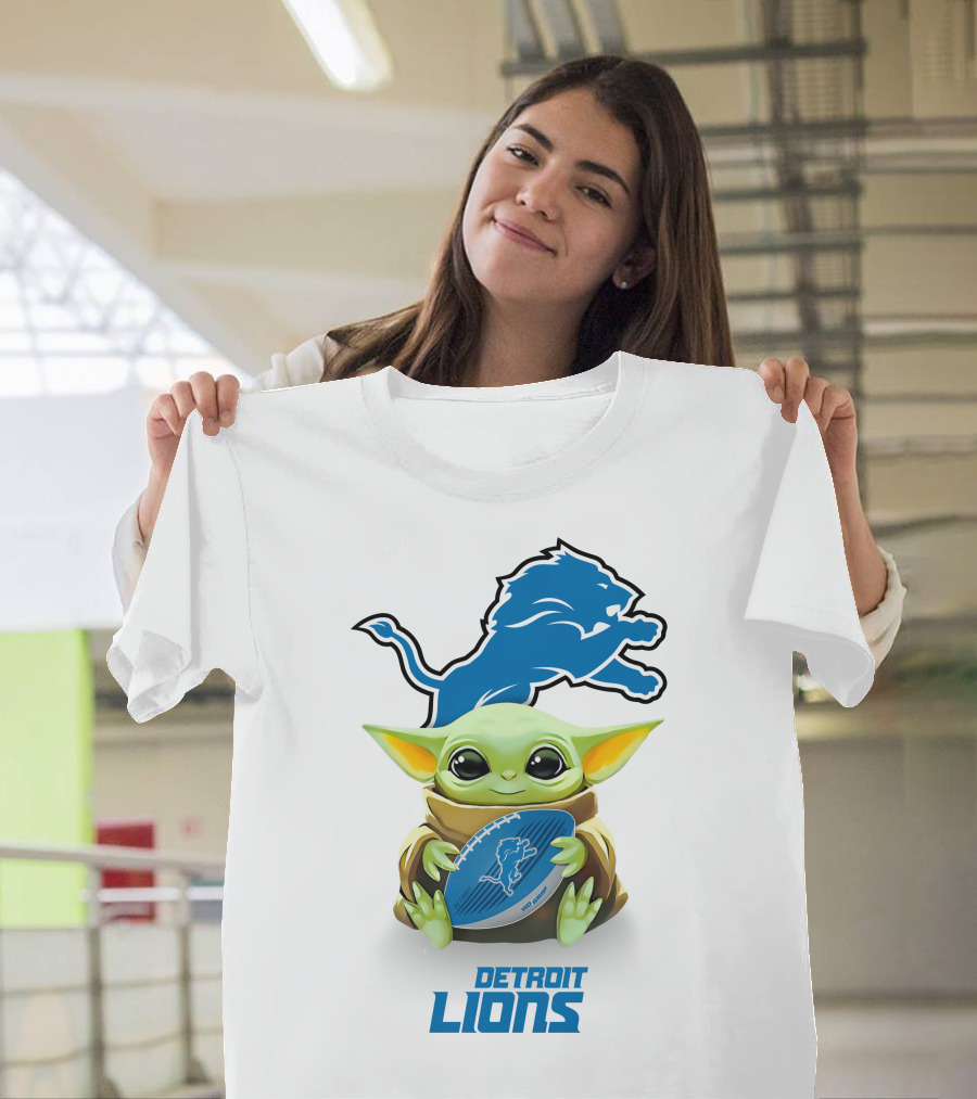 Baby Yoda Hugging Detroit Lions Football T-Shirt