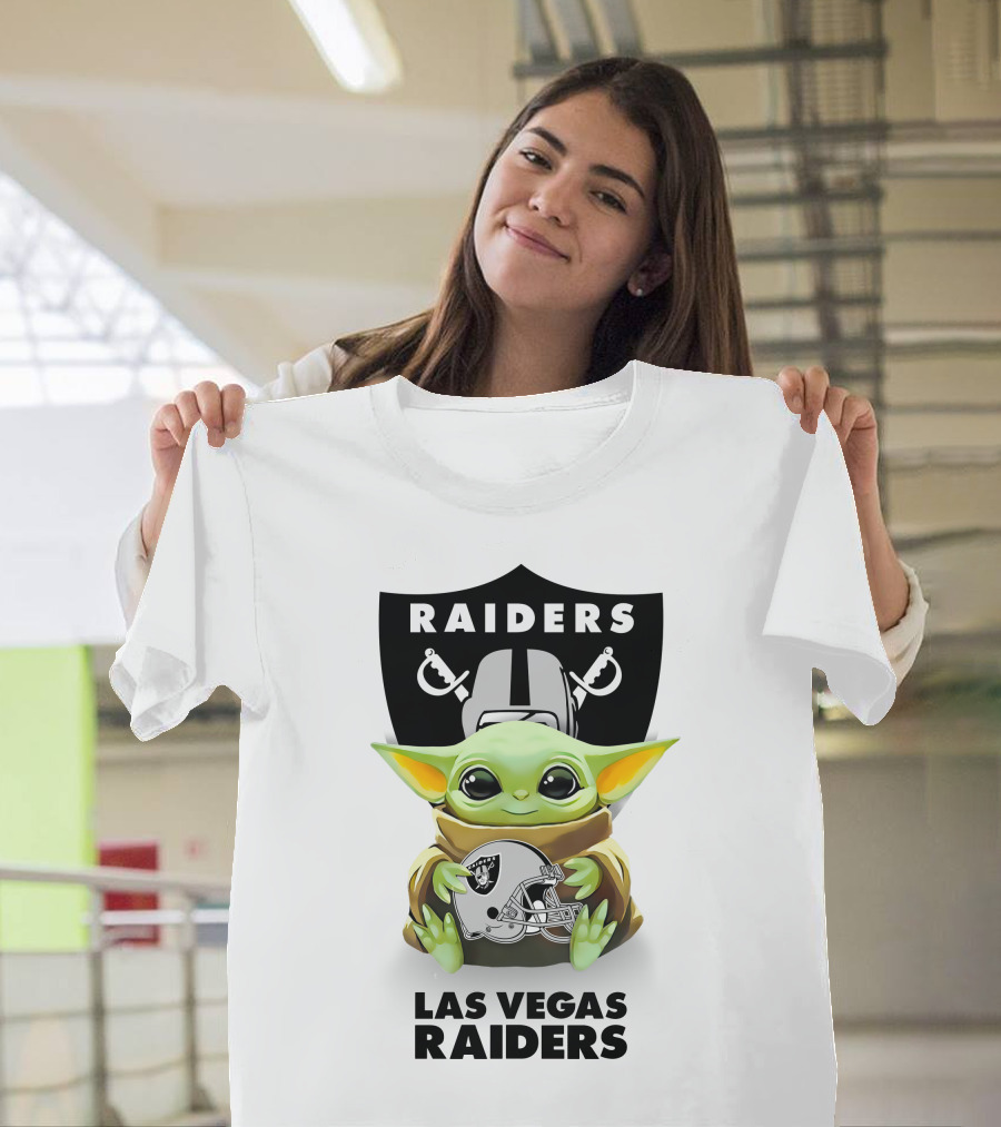 Baby Yoda Holding Las Vegas Raiders Football Helmet Shield Emblem T-Shirt