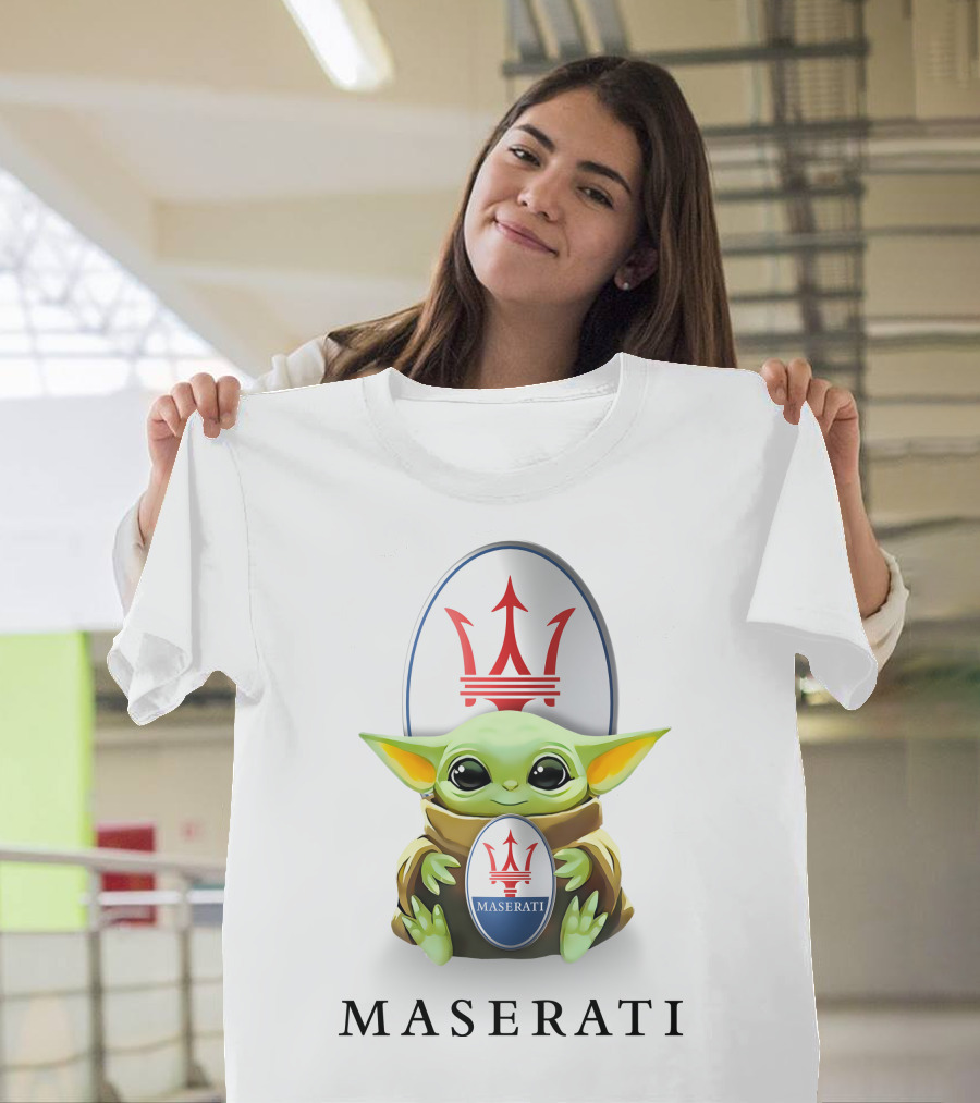 Maserati Emblem With Baby Yoda Hugging Iconic Logo White Background T-Shirt