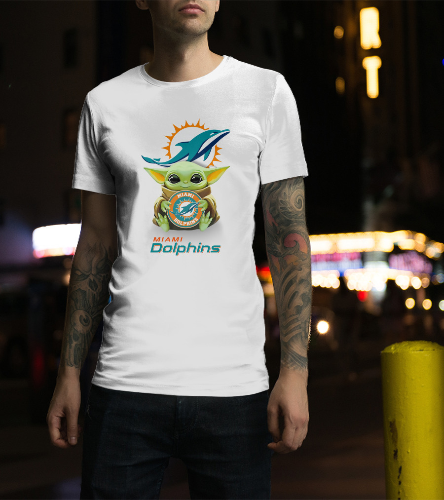 Baby Yoda Holding Miami Dolphins Logo Fan T-Shirt