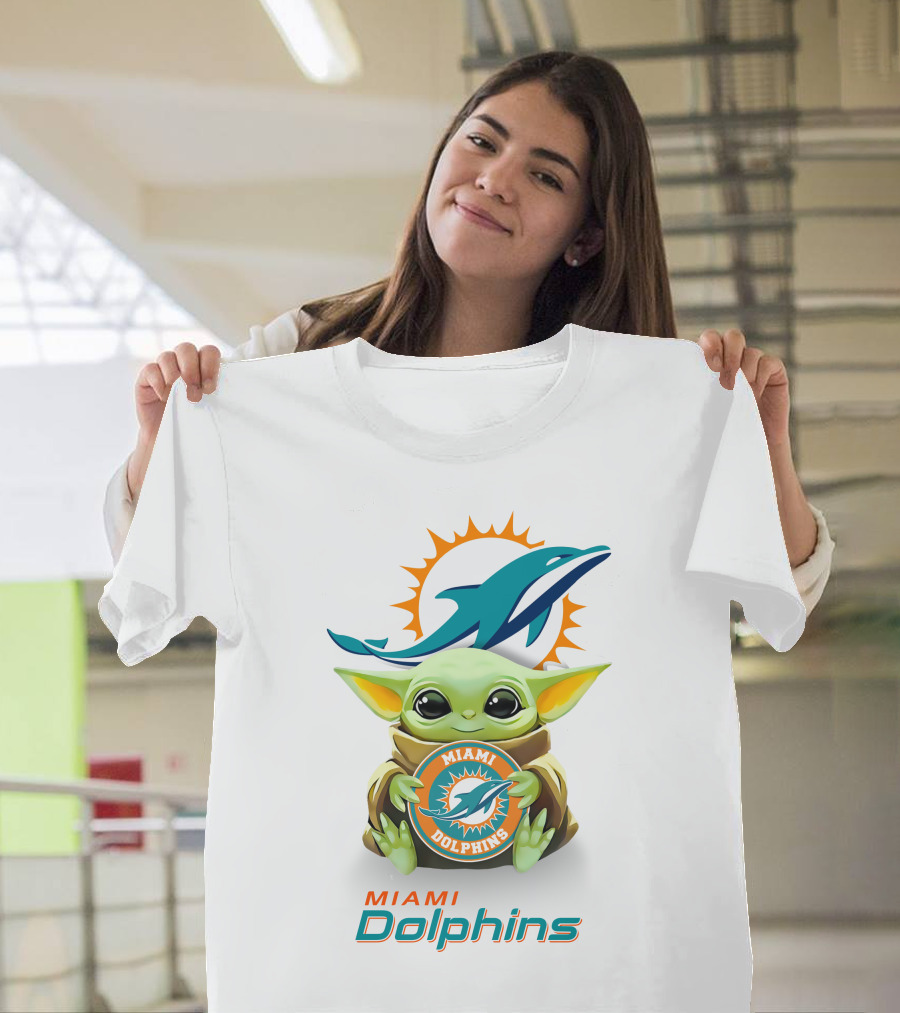 Baby Yoda Holding Miami Dolphins Logo Fan T-Shirt