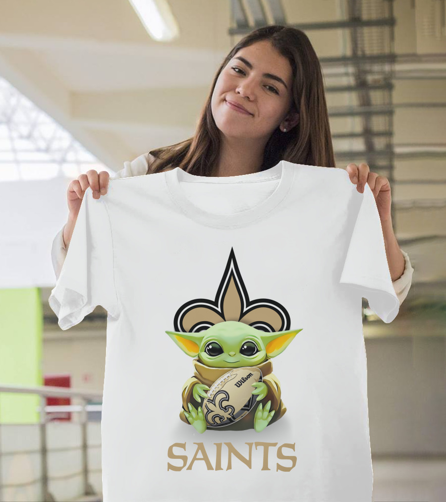 Baby Yoda Holding Football New Orleans Saints Fleur-de-Lis T-Shirt