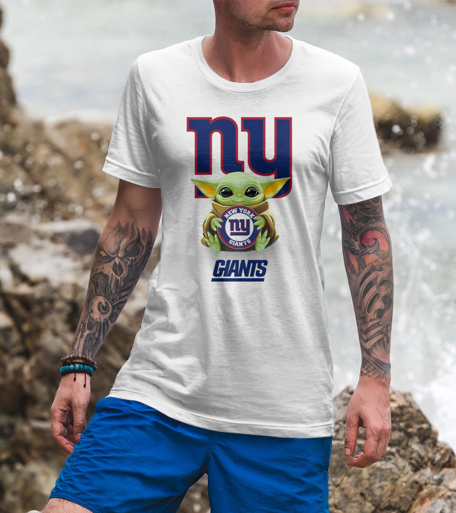 Baby Yoda Hug New York Giants NY Giants Star Wars Collaboration White T-Shirt
