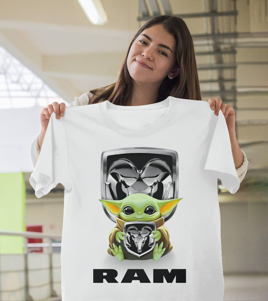 Baby Yoda Holding Ram Logo With Large Ram Text T-Shirt