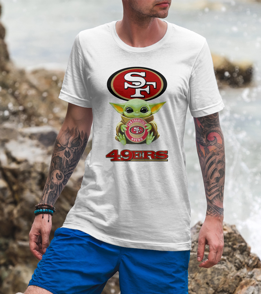 Baby Yoda Hug SF 49ers San Francisco 49ers Logo 49ers White T-Shirt